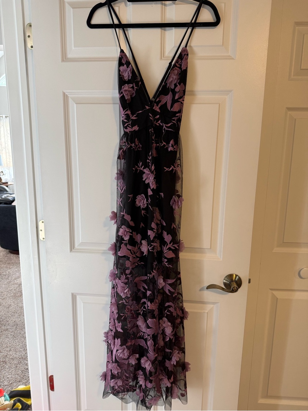 VENUS Black Maxi Dress with Purple Floral Appliqué